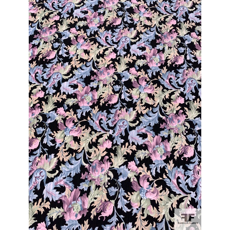 Ornate Leaf Printed Polyester Ribbed-Look Woven – Dusty Lavender / Pigeon Blue / Nude / Black Fabric by the Yard
