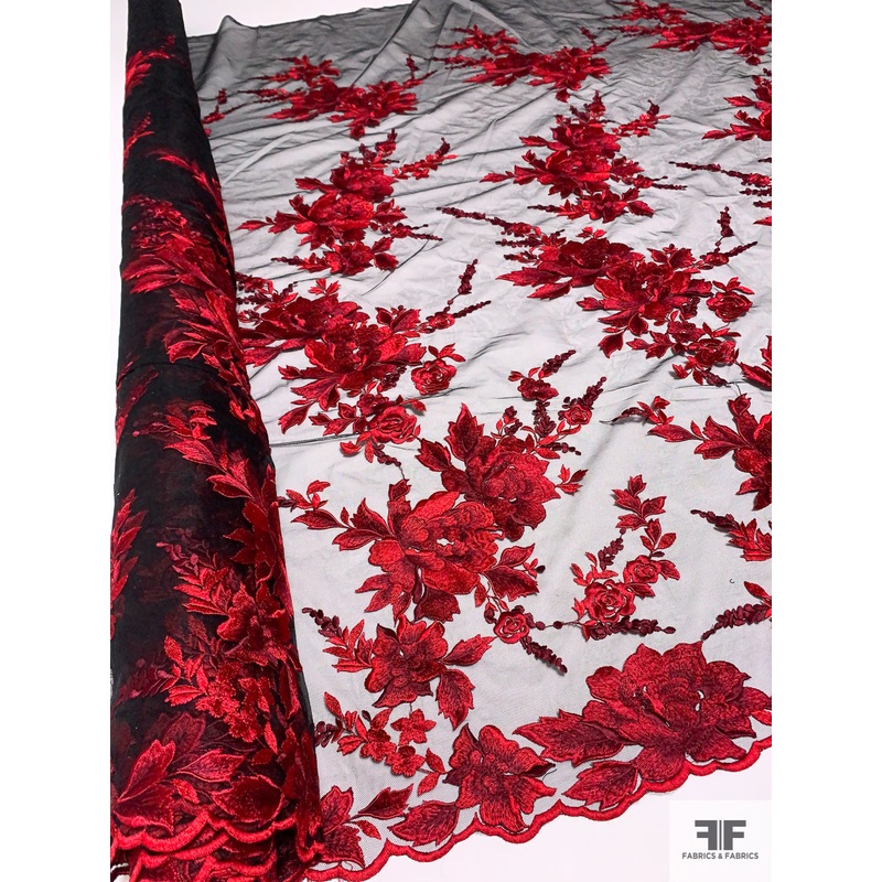 Romantic Floral Border Pattern Embroidered Tulle with Scalloped Edge – Valentino Red / Wine Red / Black Fabric by the Yard