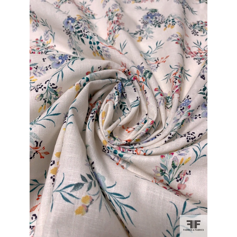 Springtime Floral Bouquets Printed Fine Linen-Weave Cotton – Natural / Dusty Turqouise / Multicolor Fabric by the Yard