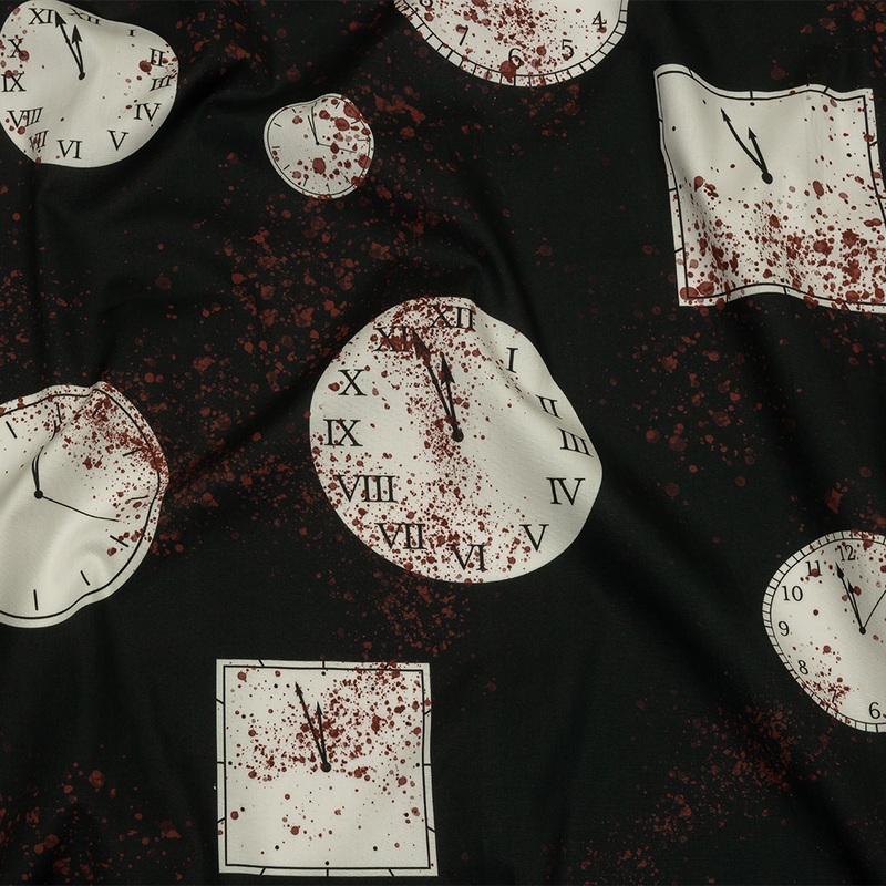 Stretch Cotton Poplin – Clocks and Blood Splatter – The Masque Print – Mood Exclusive Nevermore Collection