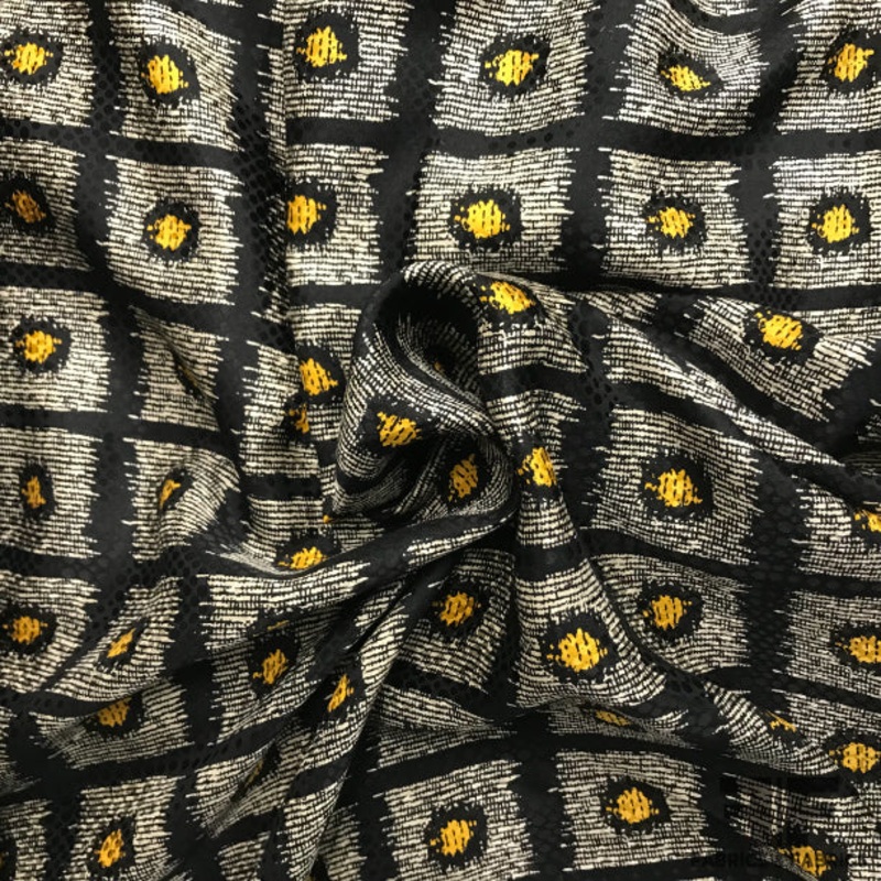 Abstract Geometric Silk Jacquard – Black/Beige/Mustard Fabric by the Yard