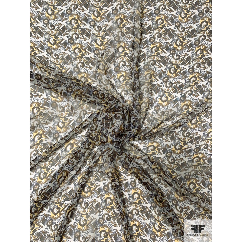 Art Deco Abstract Printed Silk Chiffon – Brown / Tan / White Fabric by the Yard
