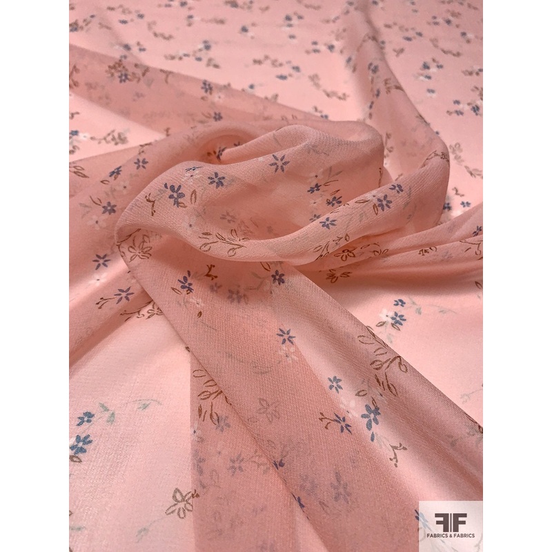 Dainty Petite Floral Printed Silk Chiffon – Pink-Lemonade / Blue / Seafoam / Brown Fabric by the Yard