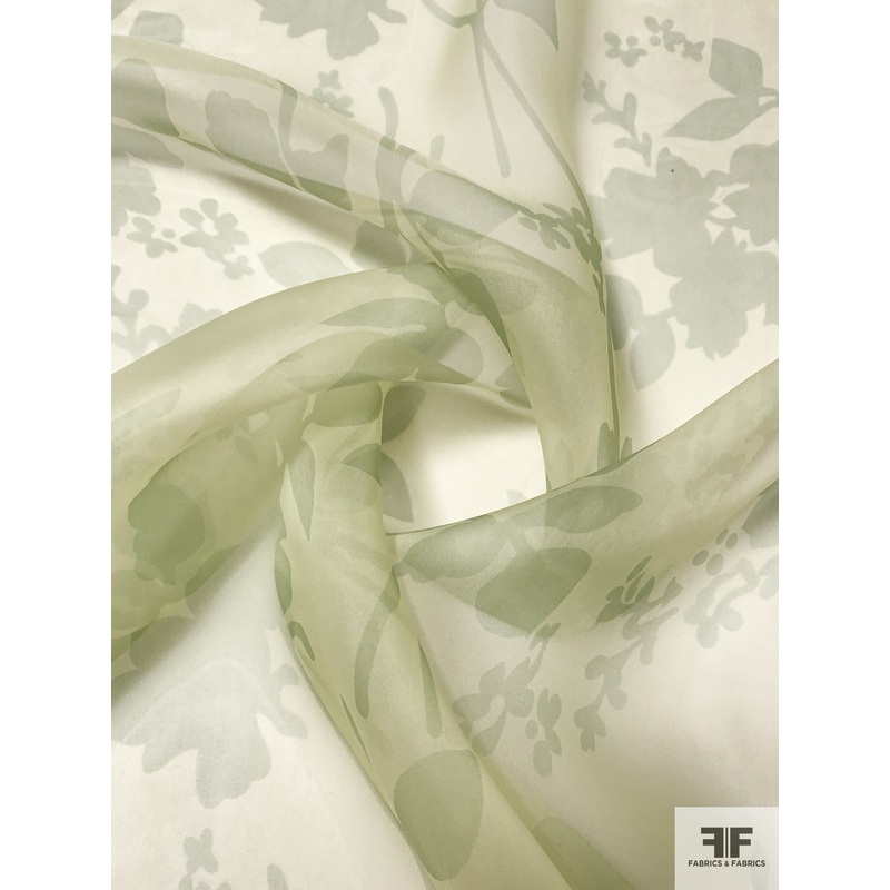 Floral Silhouette Printed Silk Organza – Sage / Pastel Light Green Fabric by the Yard