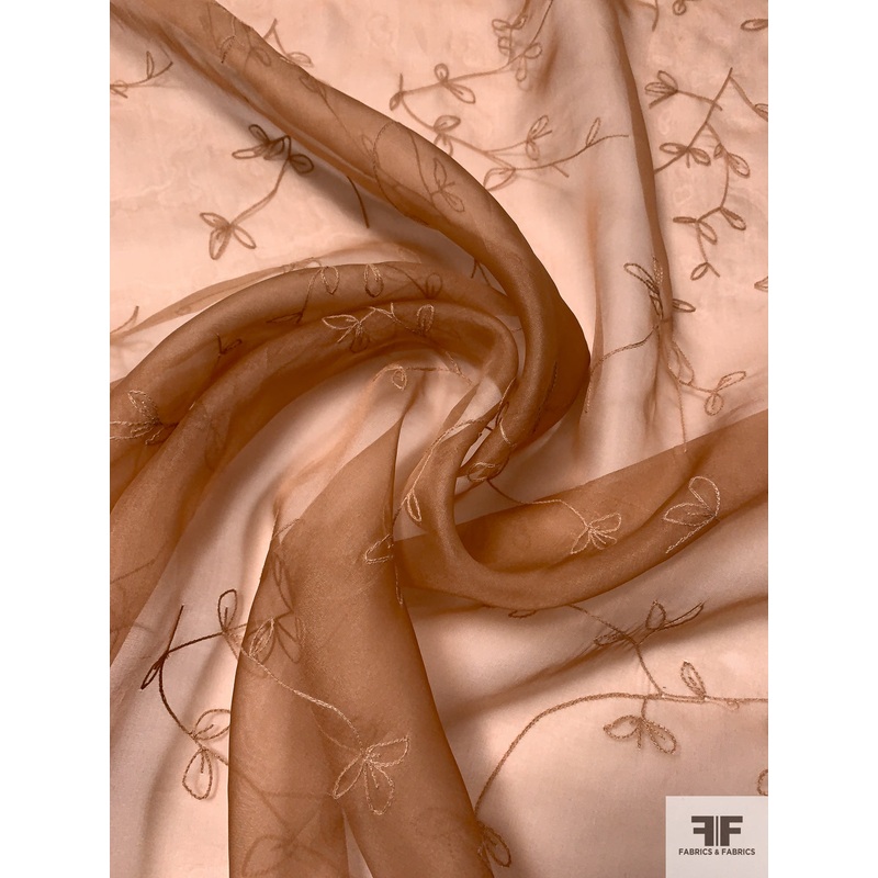 Floral Stems Embroidered Silk Organza – Nude Brown Fabric by the Yard