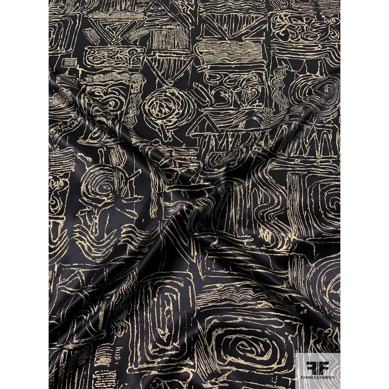 Gold Foil Printed Archeological Inspired Silk Charmeuse – Antique Gold / Black Fabric by the Yard