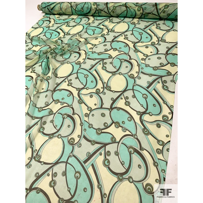 Groovy Pucci-esque Printed Silk Chiffon – Mint / Olive Green / Light Lime Fabric by the Yard