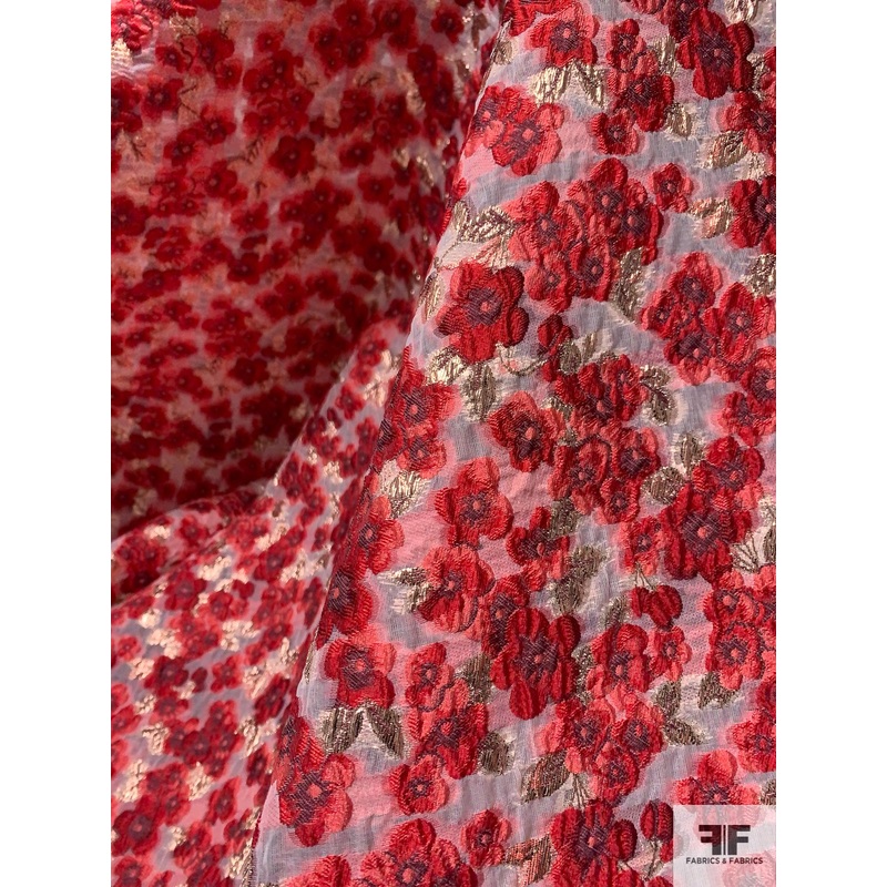 Italian Floral Textured Fil Coup with Lurex – Red / Coral / Off-White / Rose Gold Fabric by the Yard
