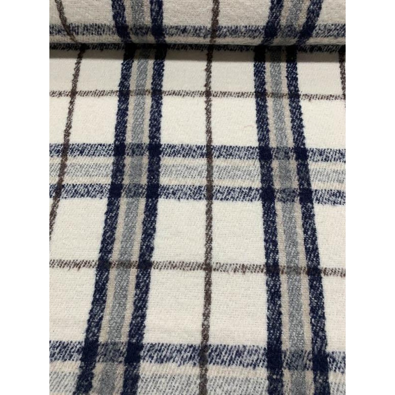 Italian Plaid Mohair Wool-Like Coating – Ivory / Navy / Brown Fabric by the Yard