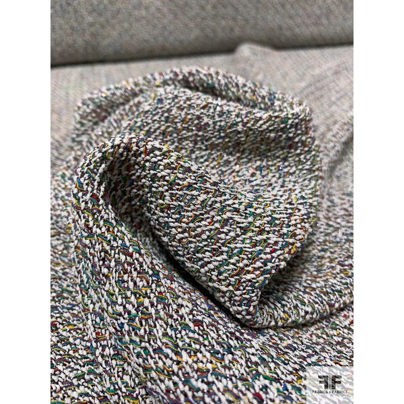 Italian Textured Cotton Tweed Suiting with Lurex Fibers – White / Multicolor Fabric by the Yard