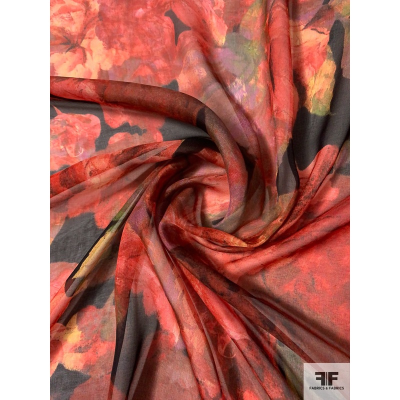 Luscious Floral Printed Silk Chiffon – Warm Blood Orange / Black / Green Fabric by the Yard