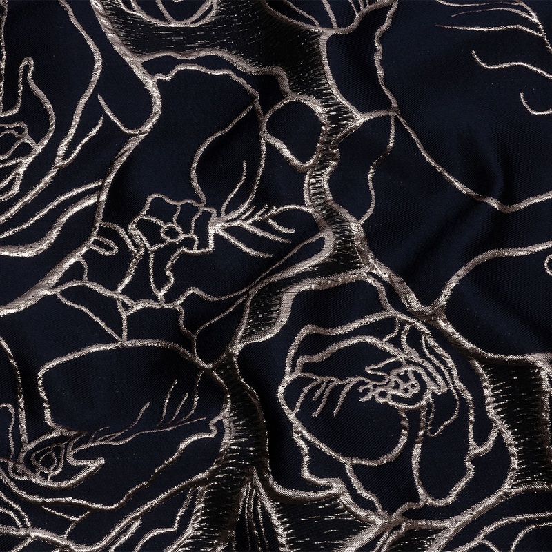 Metallic Rose Gold and Navy Outlined Florals Luxury Brocade