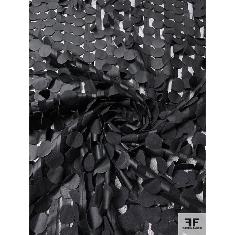 Novelty Tulle with Faux Leather Stitched Stripes and Circles – Black Fabric by the Yard