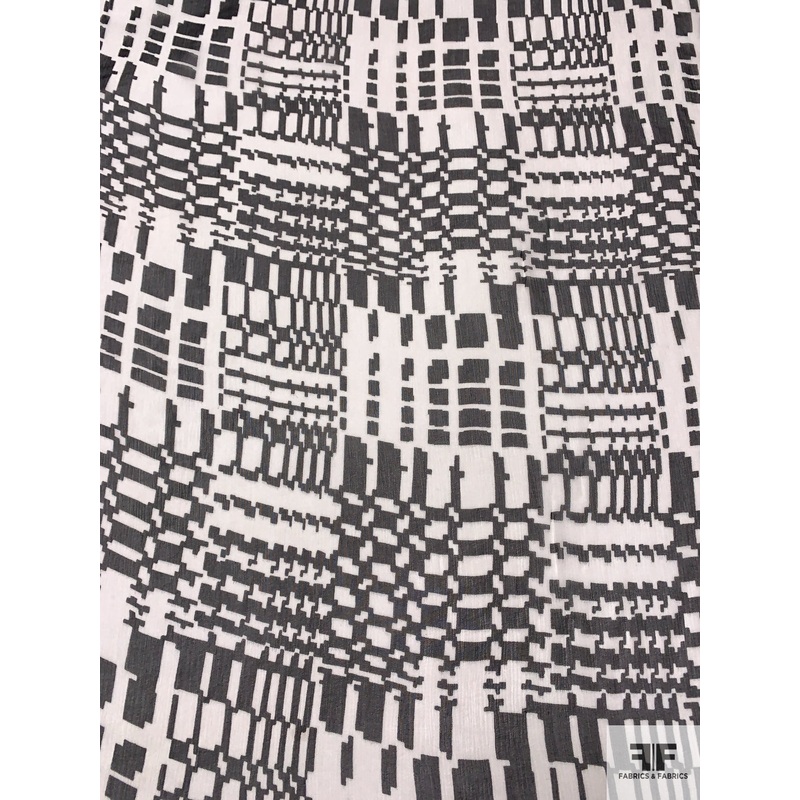 Pixelated Geometric Printed Slightly Crinkled Silk Chiffon – Black / Light Ivory Fabric by the Yard