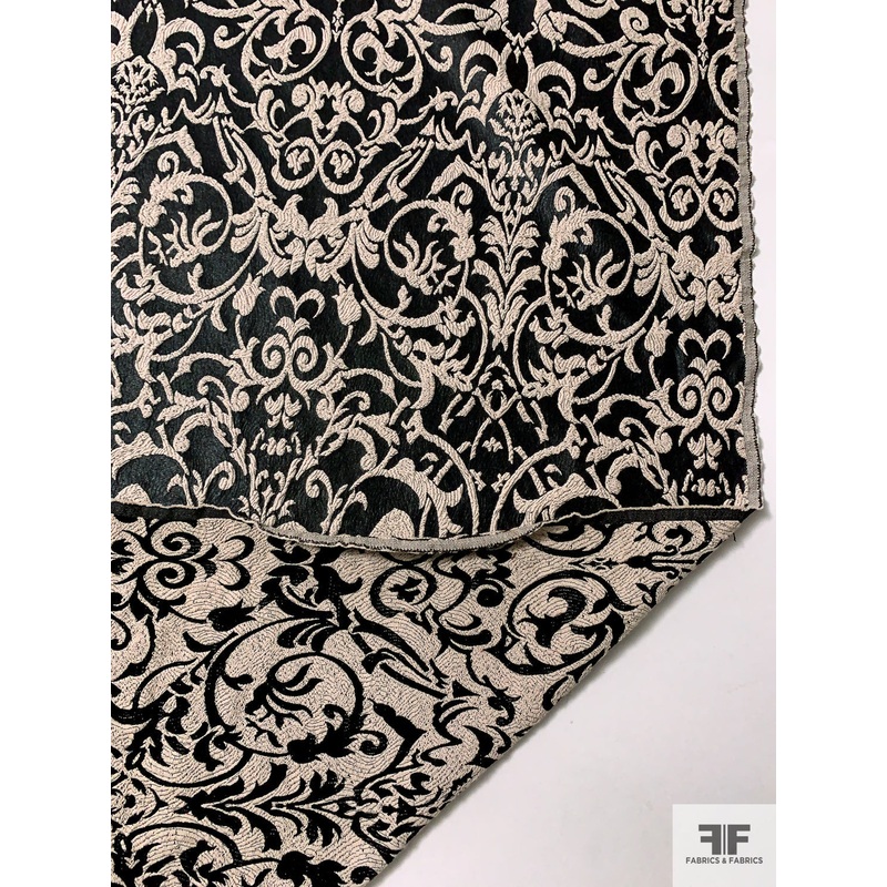 Regal Textured Brocade with Glossy Finish – Black / Beige Fabric by the Yard