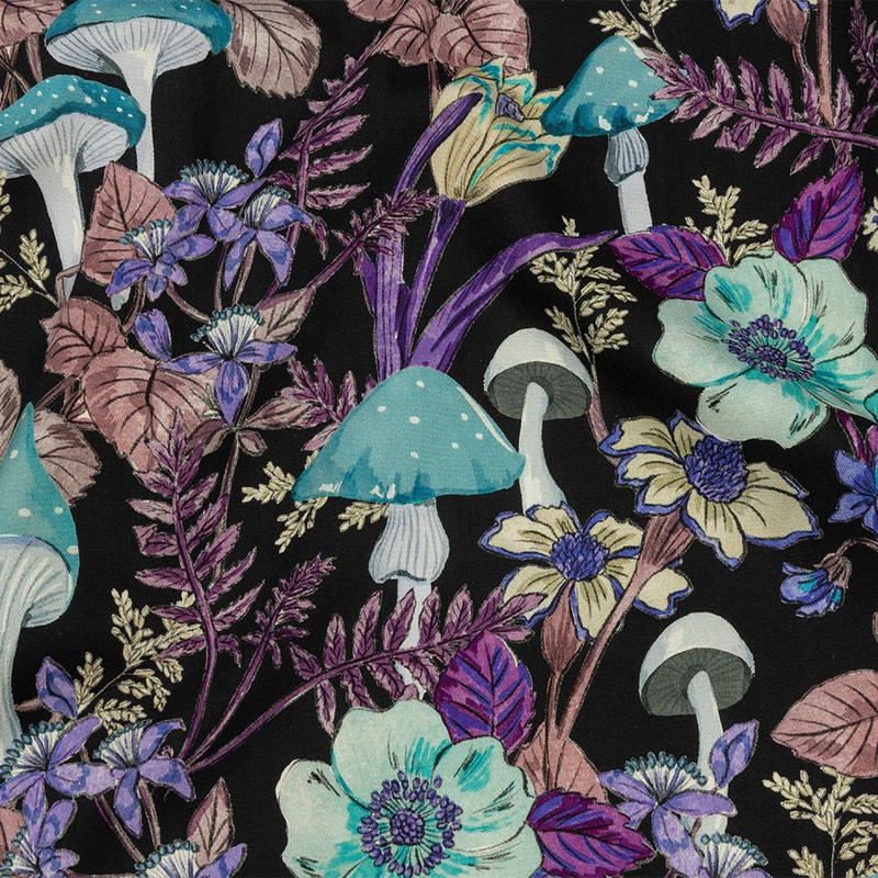 Stretch Cotton Twill Print – Midnight, Blue and Purple Mushrooms and Flowers – Mood Exclusive Mycelium Mystique
