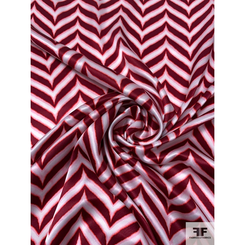 Wavy Chevron Printed Silk Charmeuse – Cherry Red / Light Pink / White Fabric by the Yard