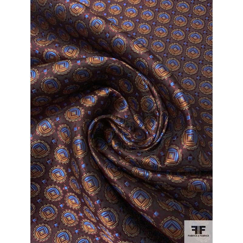 Circular Diamond Silk Necktie Jacquard Brocade – Maroon / Burgundy / Copper / Periwinkle Blue Fabric by the Yard