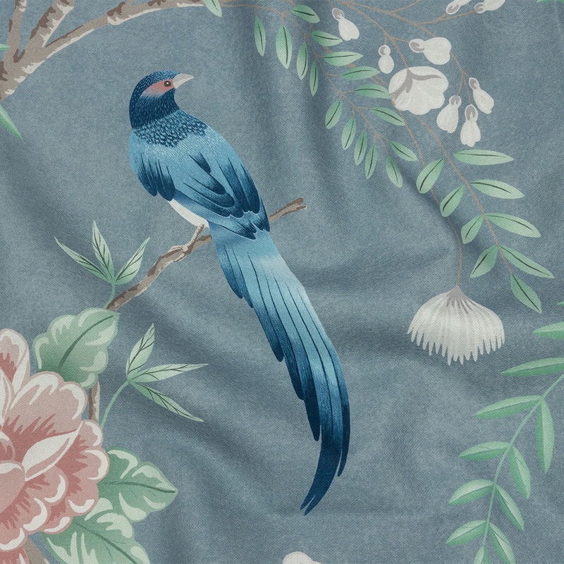 Cotton Canvas Print – Denim Birds in the Garden – British Imported