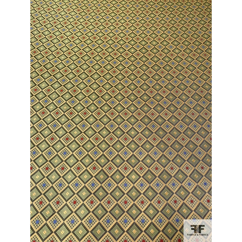 Detailed Geometric Silk Necktie Jacquard Brocade – Pear Green / Yellow-Gold / Blue / Red Fabric by the Yard