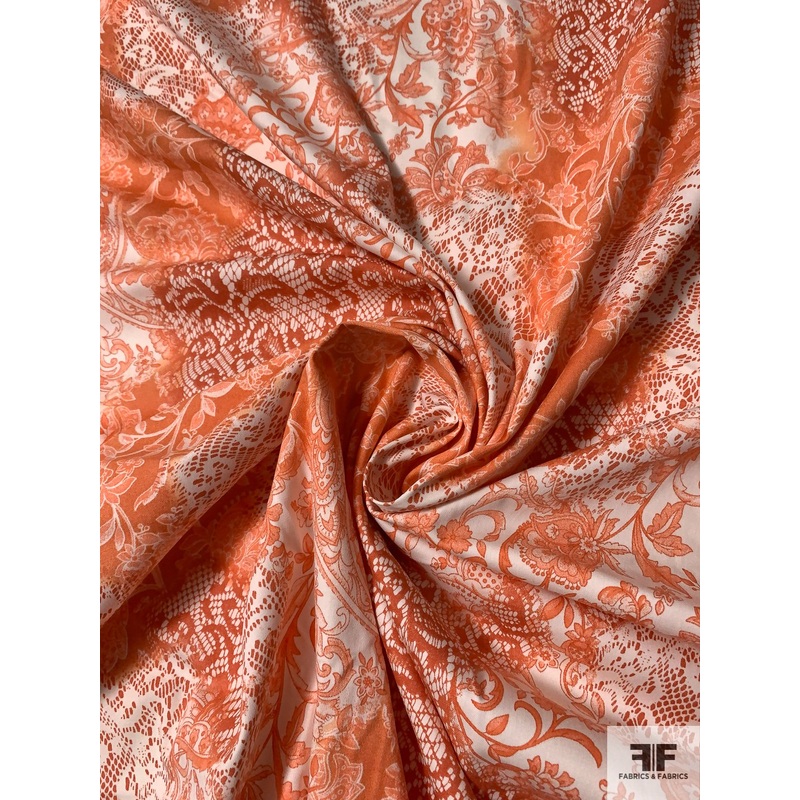 Floral and Lace-Look Printed Stretch Cotton Sateen – Shades of Orange / Off-White Fabric by the Yard