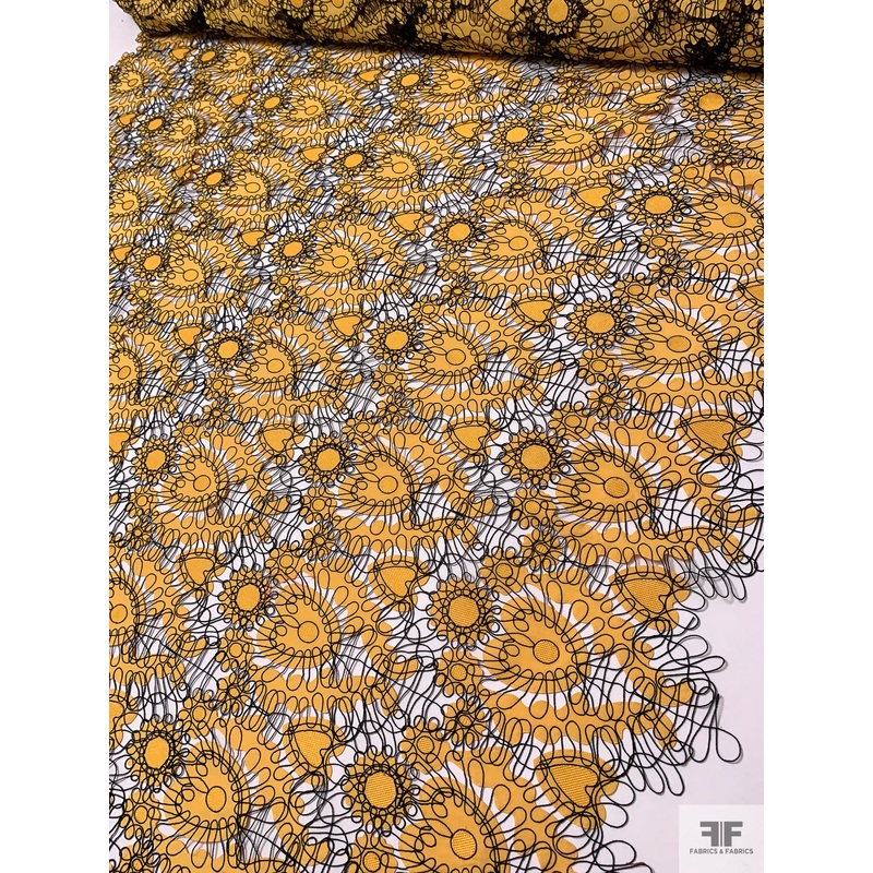 Heart Motif Intricate Corded Embroidery on Taffeta-Poplin Cutouts – Yellow / Black Fabric by the Yard