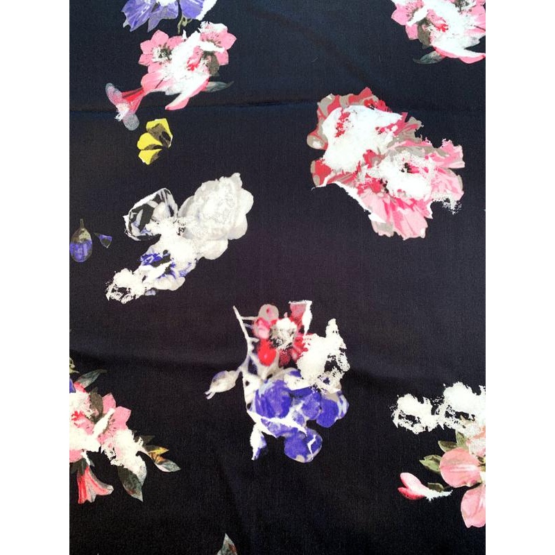 Italian Dynamic Floral Printed Silk Satin Chiffon Panel – Black / Multicolor Fabric by the Panel