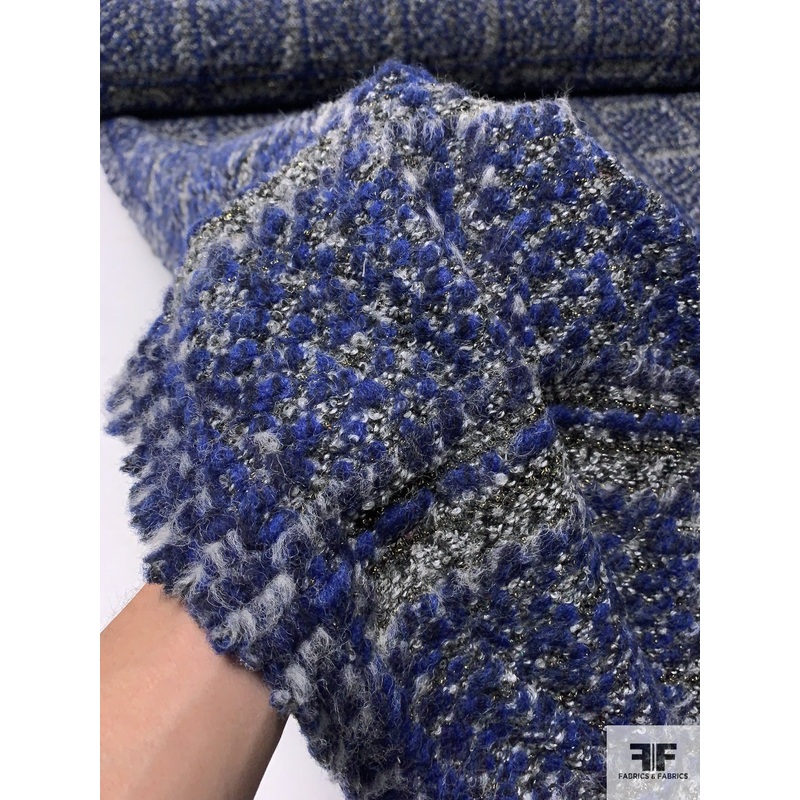Italian Windowpane Wool Blend Jacket Weight Boucle Tweed – Royal Blue / Grey / Black Fabric by the Yard