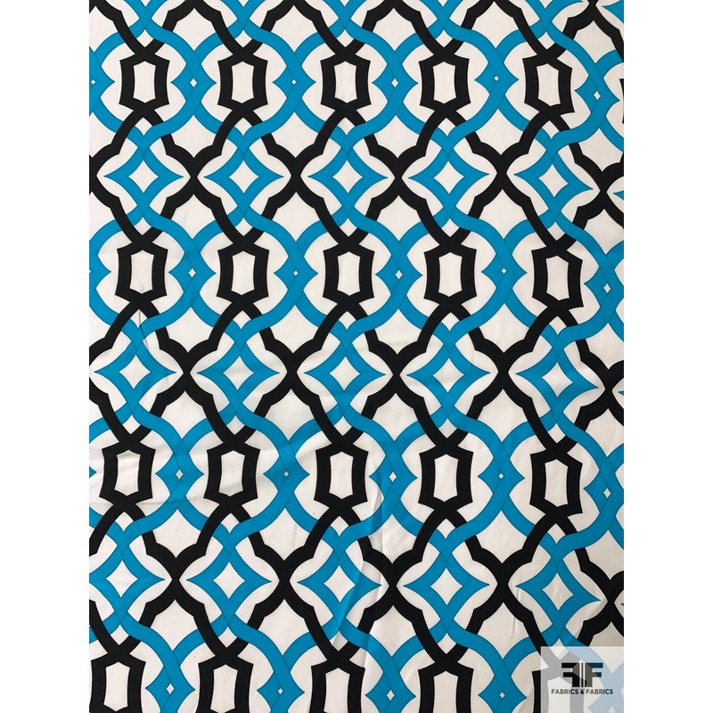 Lattice Matte-Side Printed Silk Charmeuse – Turquoise / Black / Off-White Fabric by the Yard