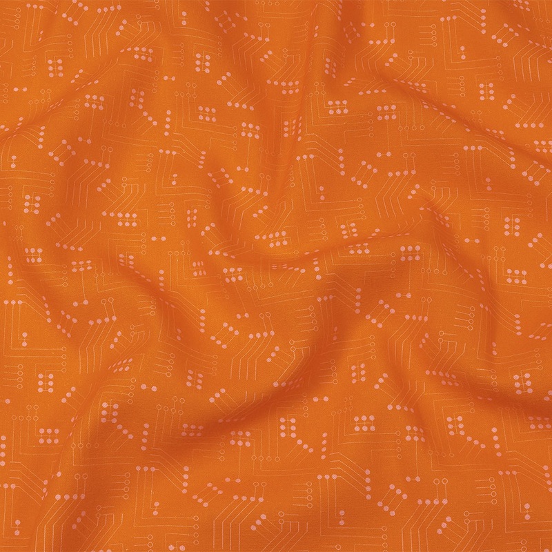 Linen and Rayon Woven – Orange Circuit Board Dots – Circuit Breaker Print – Mood Exclusive Citrus Collection