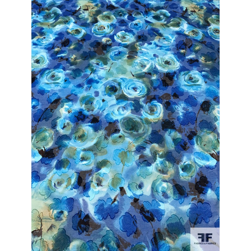 Made in Switzerland Painterly Floral Burnout and Printed Jacquard Cotton Voile – Ocean Blues / Ocean Greens / Black Fabric by the Yard