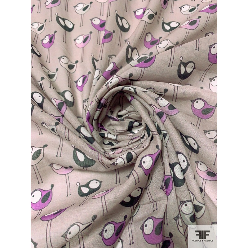 Playroom Birds Printed Cotton Voile – Grey / Orchid / Black / Off-White Fabric by the Yard