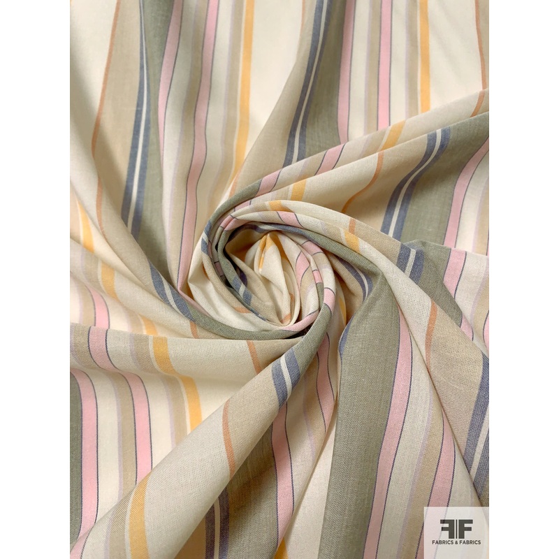 Vertical Striped Yarn-Dyed Cotton Voile – Earthy Grey / Tan / Light Orange / Pink Fabric by the Yard