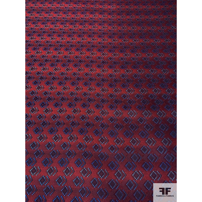 Dimensional Geometric Silk Necktie Jacquard Brocade – Red / Blue / Light Blue Fabric by the Yard