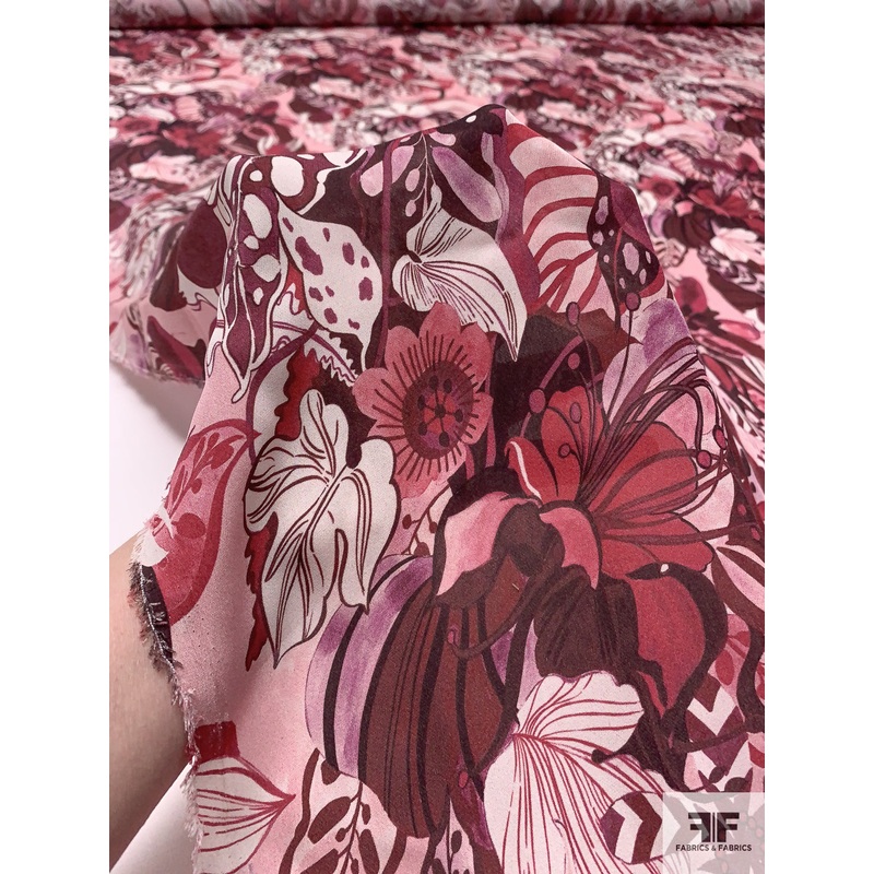Exotic Floral Printed Silk Georgette – Dusty Rose / Dusty Cranberry / Pinks Fabric by the Yard