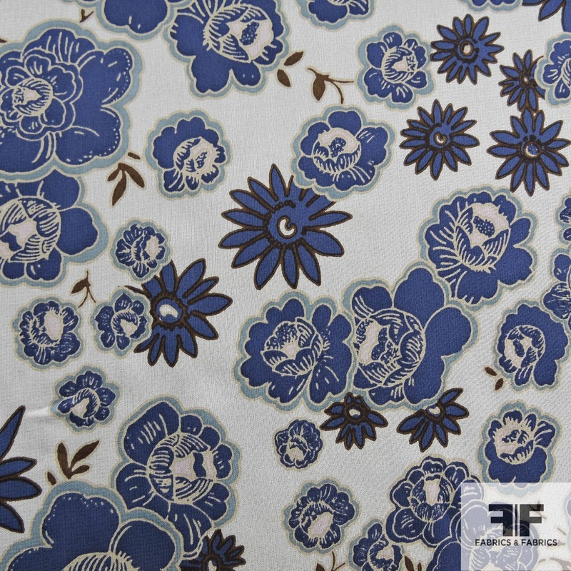 Floral Printed Silk Chiffon – Blue/White Fabric by the Yard