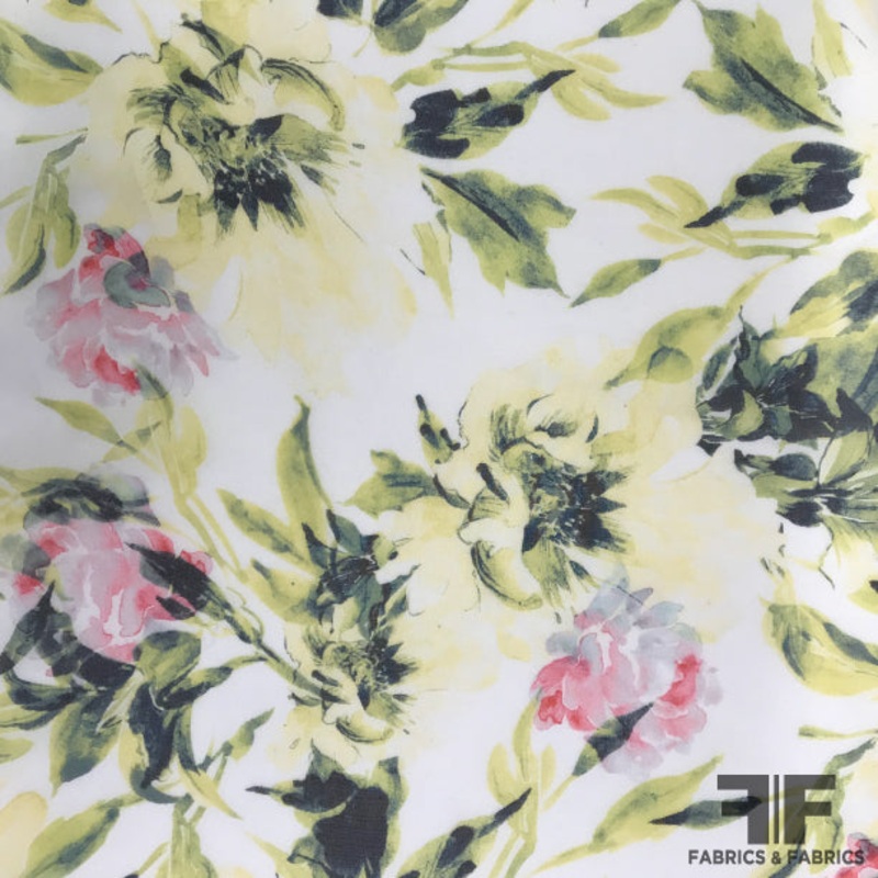 Floral Printed Silk Chiffon – White / Green / Yellow / Pink Fabric by the Yard