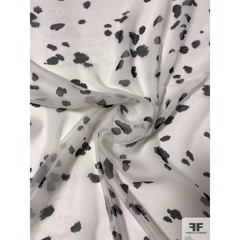 Italian Cow Spot Inspired Printed Silk Chiffon – Light Ivory / Black Fabric by the Yard