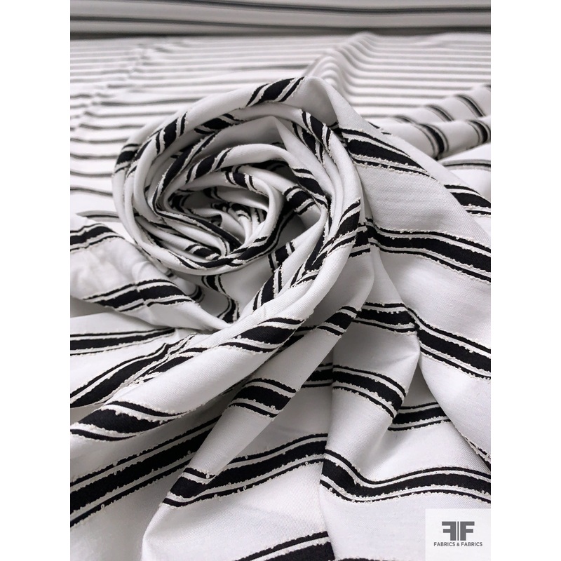 Italian Horizontal Striped Cotton Shirting with Slub Texture – Off-White / Black Fabric by the Yard
