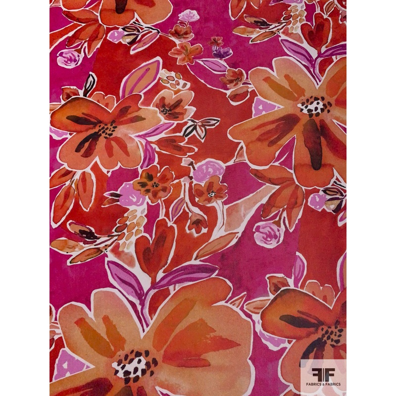 Italian Prabal Gurung Watercolor Floral Printed Stretch Mesh Tulle – Shades of Orange / Magenta / Red Fabric by the Yard