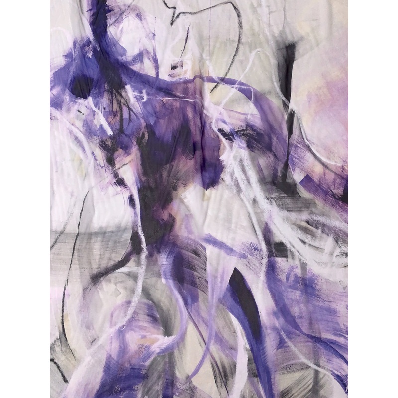 Painterly Abstract Printed Silk Chiffon Panel – Purples / Black / Beige / White Fabric by the Panel