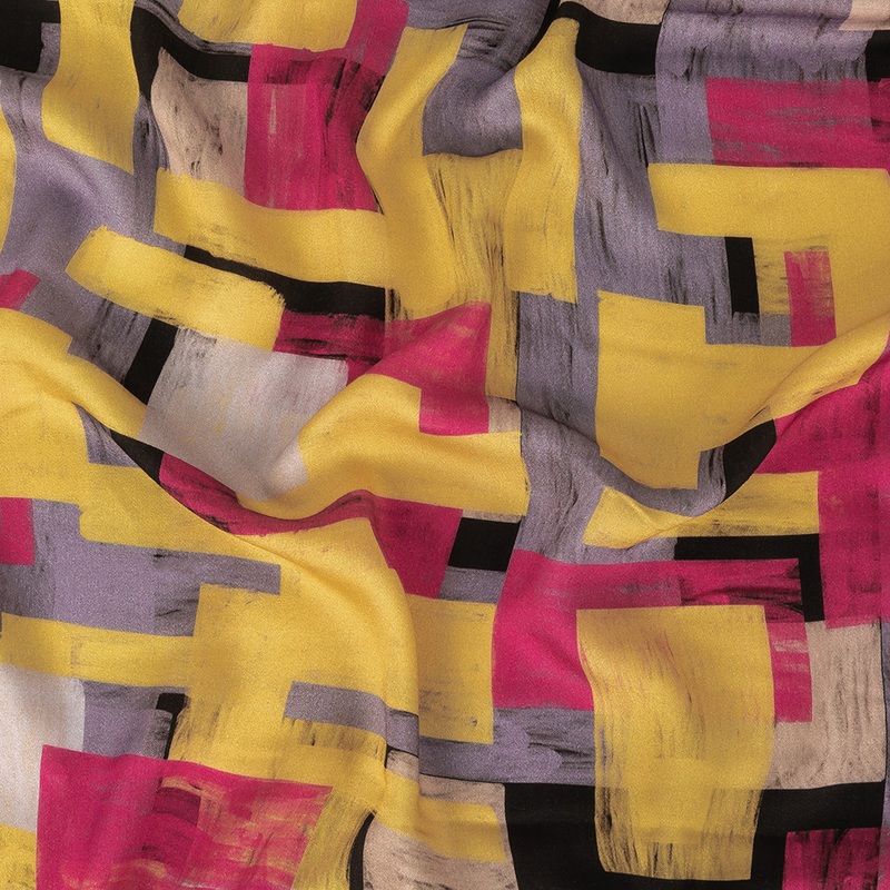 Rayon Challis – Purple, Pink and Yellow Painterly Geometric – Theory of Abstraction Print – Mood Exclusive Wisteria Collection