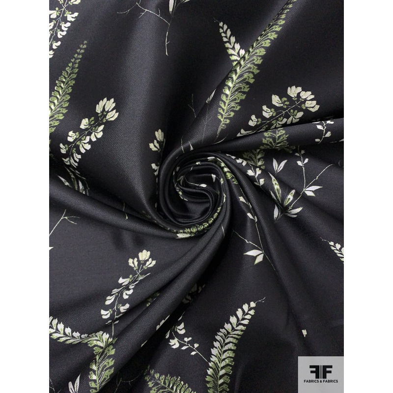 Stalk Floral Printed Silk-Cotton Mikado – Black / Green / Off-White Fabric by the Yard