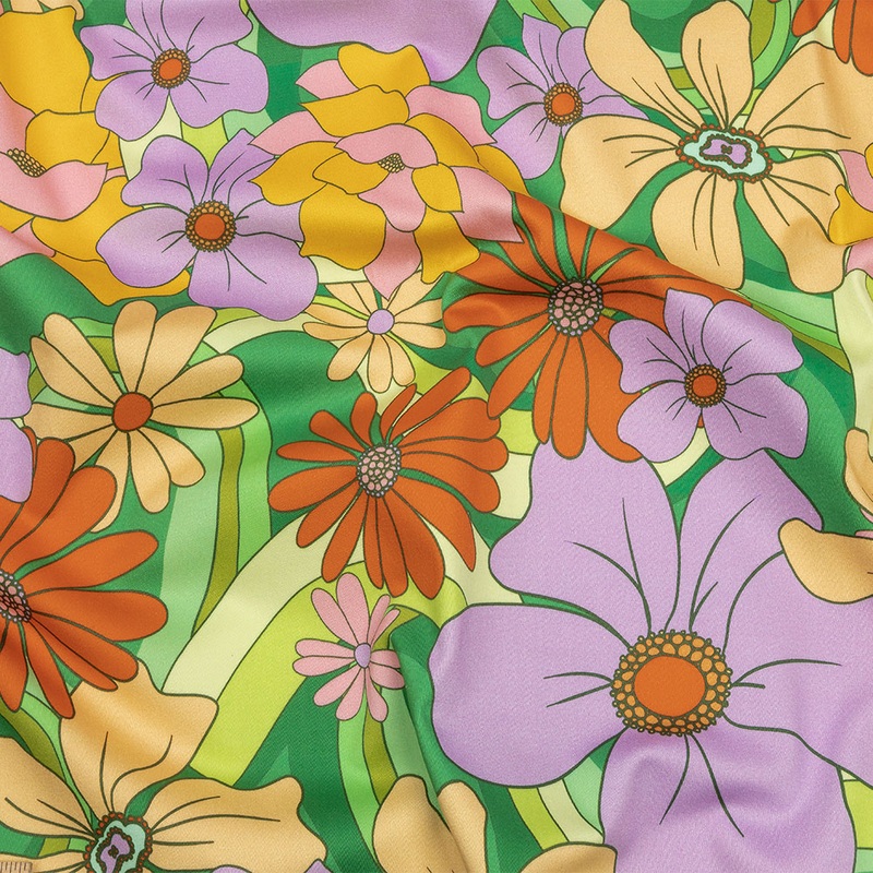 Stretch Cotton Sateen – Green, Purple and Orange Floral – Fanciful Flourish Print – Mood Exclusive Groove Collection