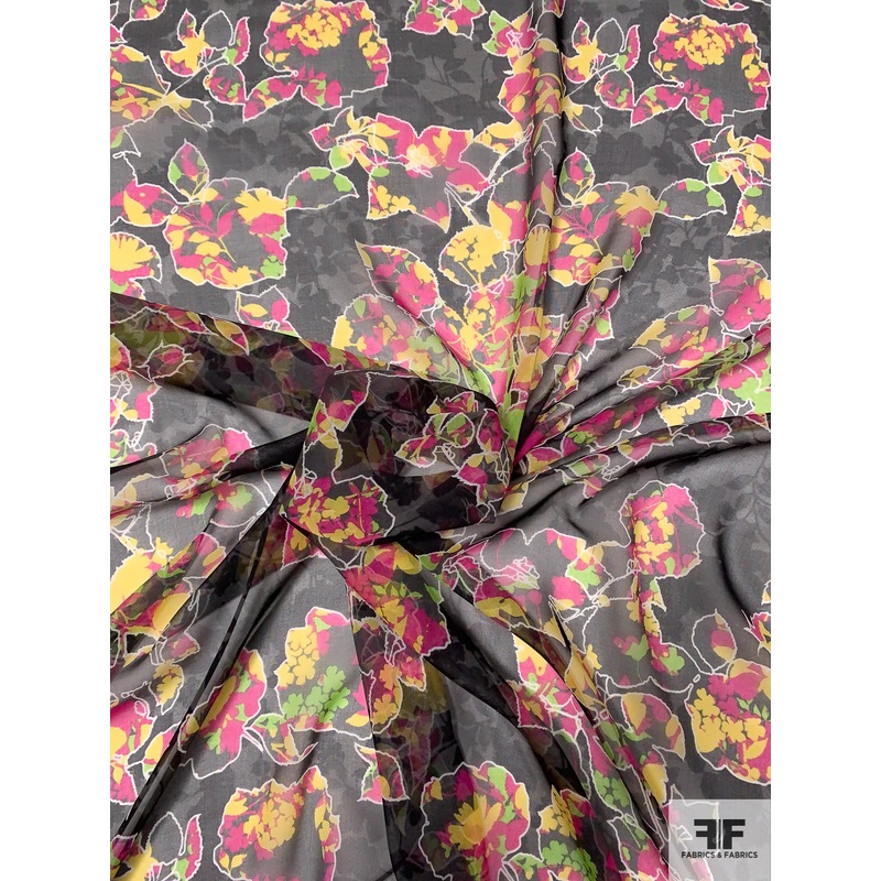 Abstract Leaf Printed Silk Chiffon – Magenta / Yellow / Lime / Black Fabric by the Yard