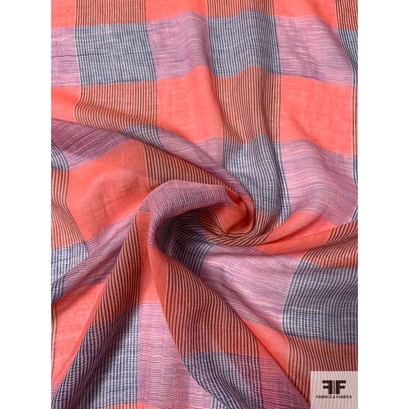 Buffalo Plaid Yarn-Dyed Cotton-Silk Voile – Coral / Blue / Soft Orchid Fabric by the Yard