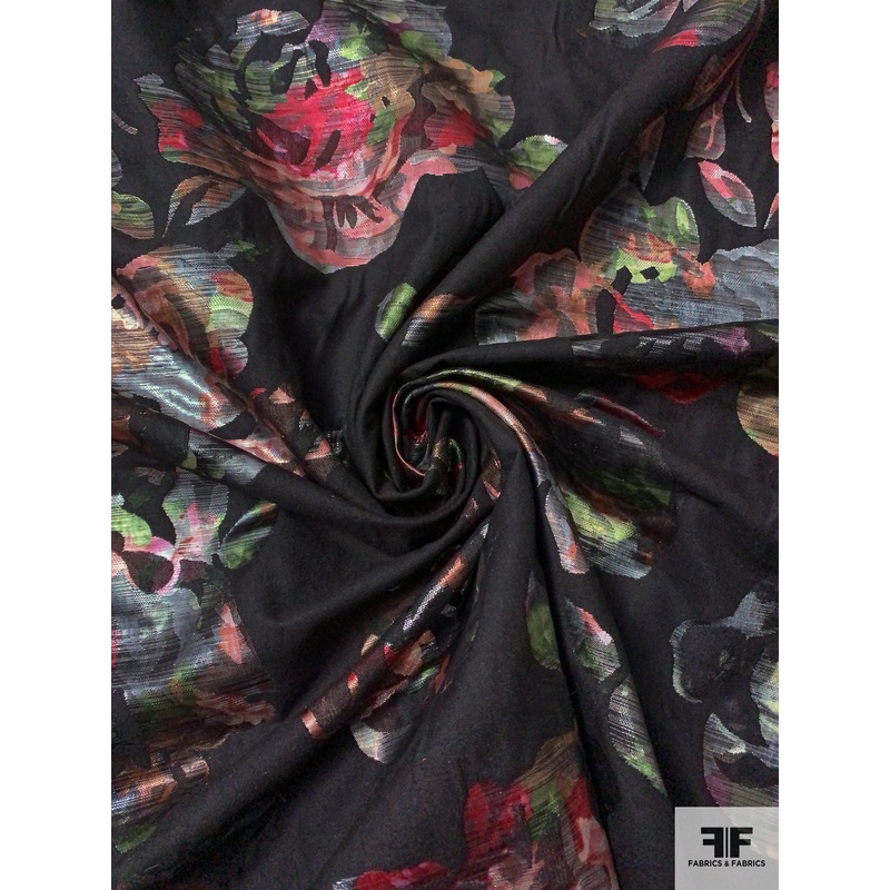 Colorful Floral Metallic Brocade – Black / Green / Grey / Peachy Pink Fabric by the Yard