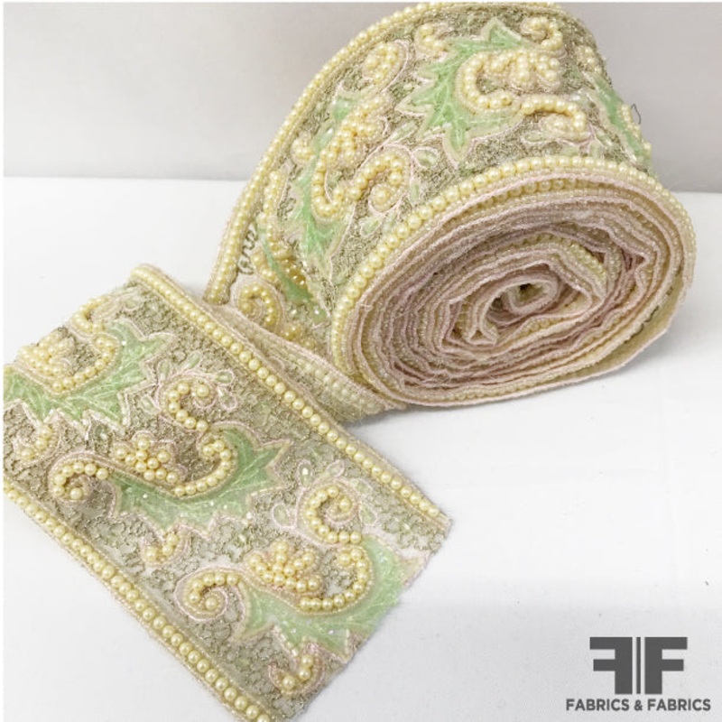Embroidered & Beaded Vintage Ribbon Trim – Green Fabric by the Yard