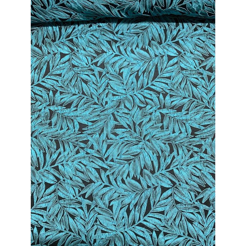 Fern Leaf Textured Brocade – Teal / Black Fabric by the Yard