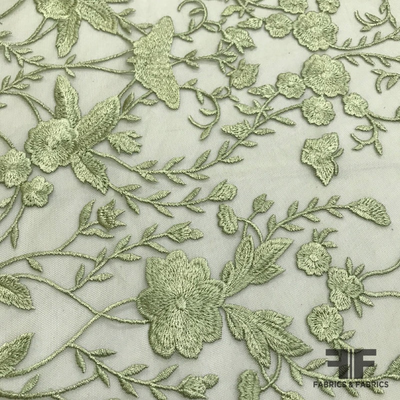 Floral Embroidered Netting – Pale Green Fabric by the Yard